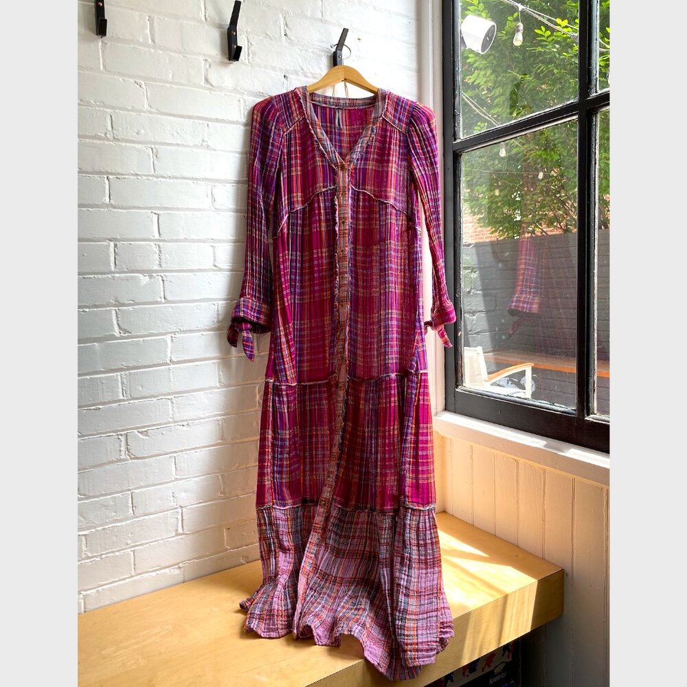 Anthropologie tiered plaid maxi dress, cotton, size XS.